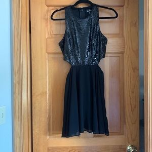 Lulus Life Illuminated Black Sequin Cutout Skater Dress